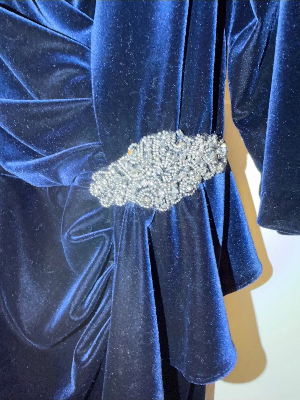Alex Evenings Navy Velvet Draped Cocktail Dress with Jeweled Waist - Picture 3 of 4